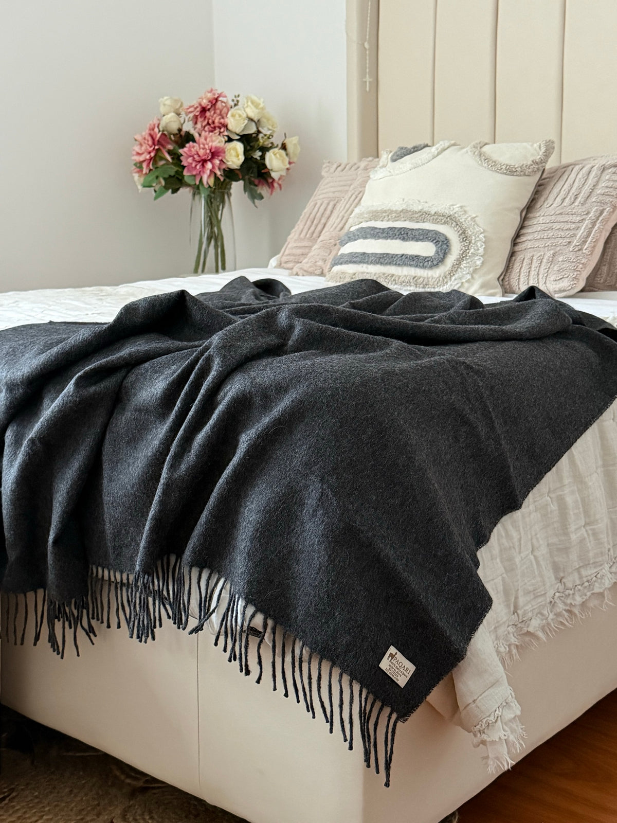 Storm charcoal baby alpaca throw, 51 by 71 inches