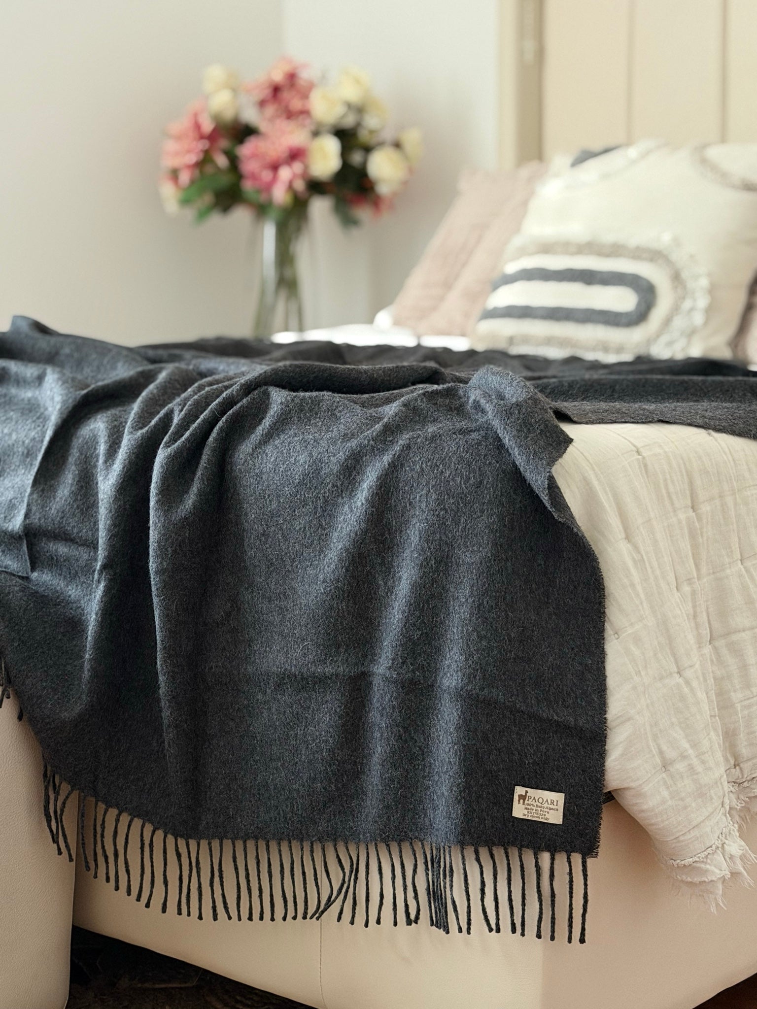 Storm charcoal baby alpaca throw, 51 by 71 inches