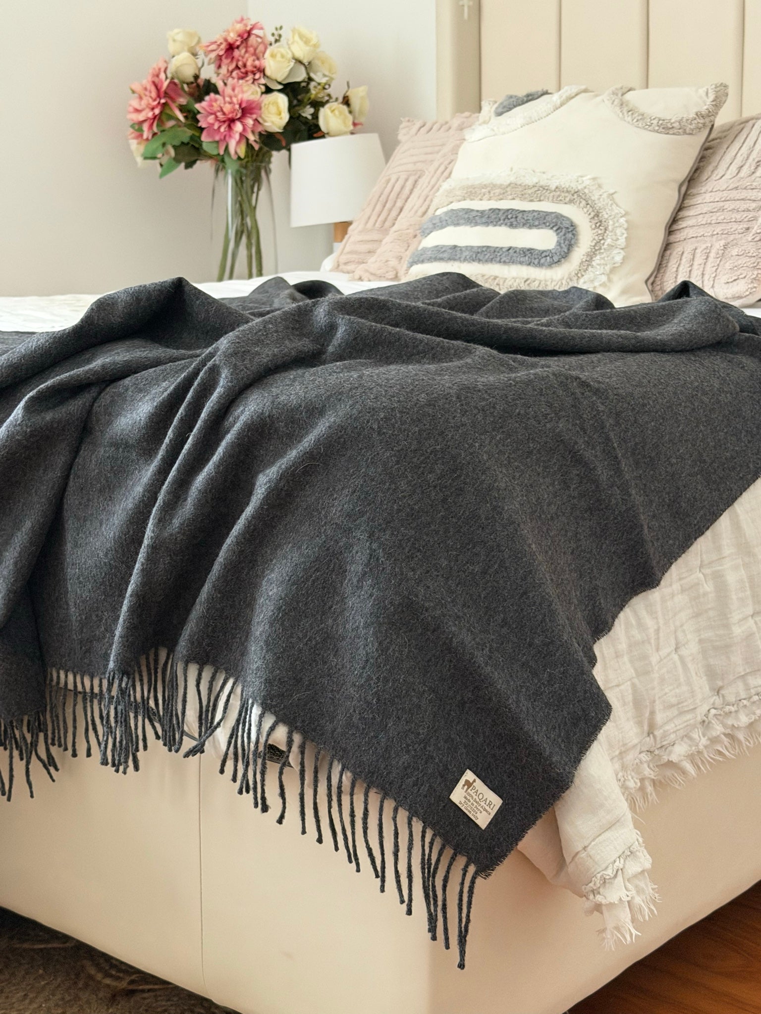 Storm charcoal baby alpaca throw, 51 by 71 inches