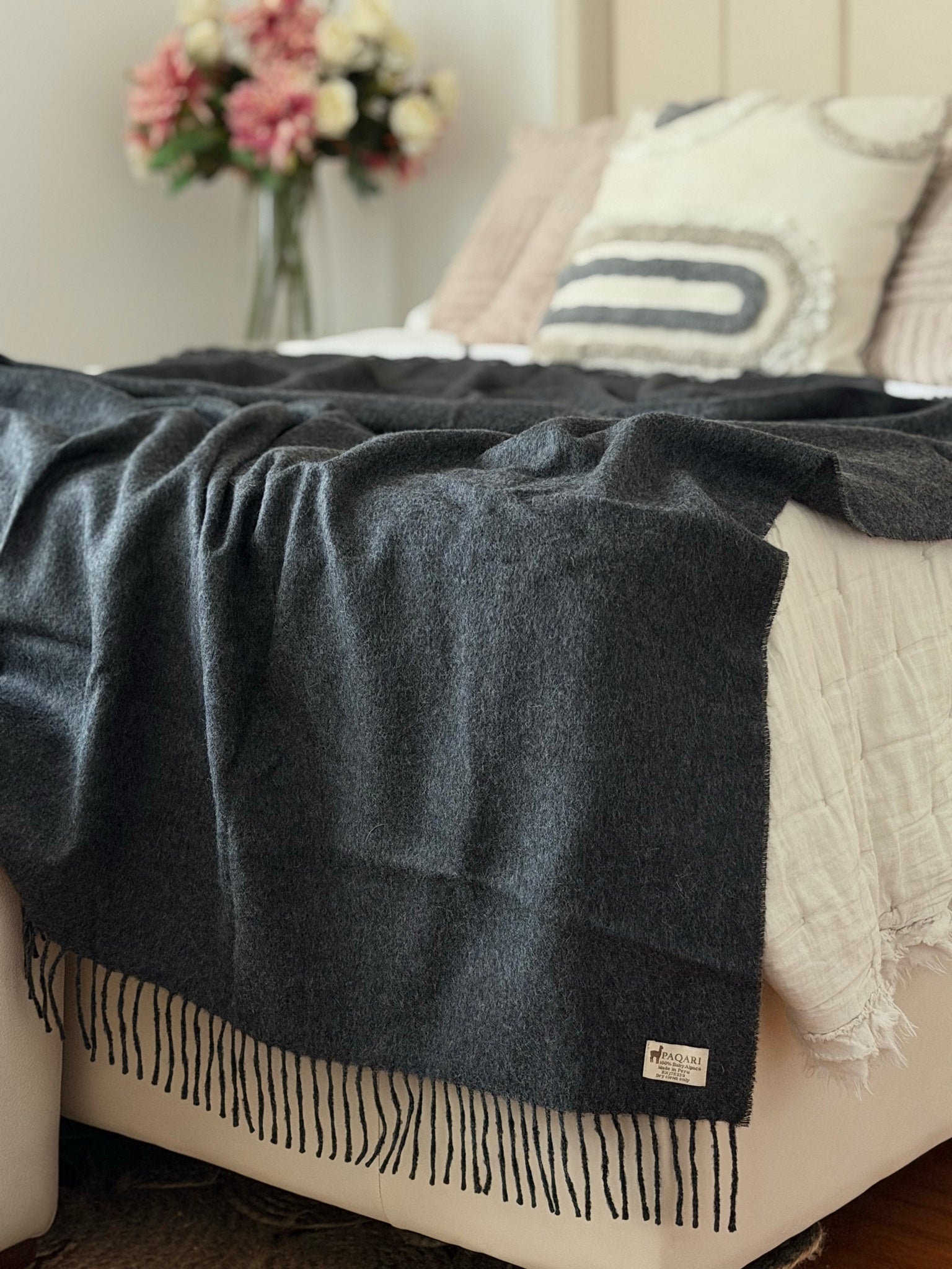 Storm charcoal baby alpaca throw, 51 by 71 inches
